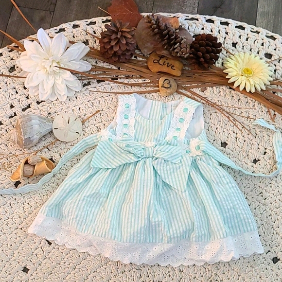 Rare Editions Other - SUMMER BEAUTIFUL TEAL WHITE LACE  STRIPED  DRESS